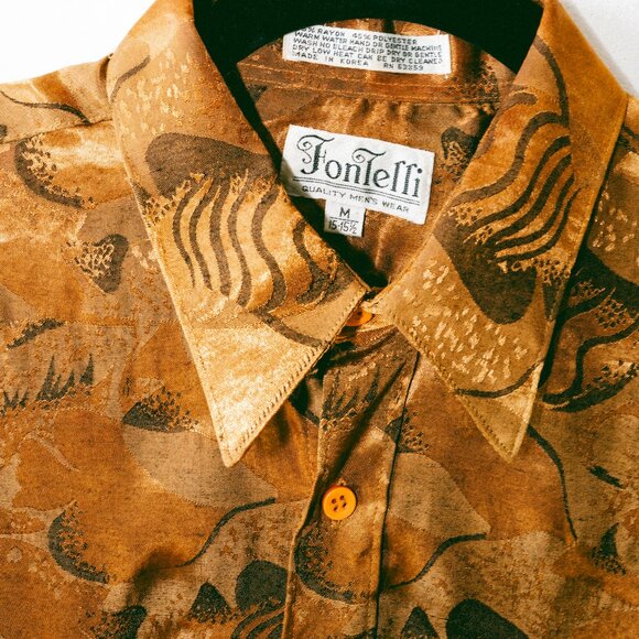 Vintage 80s/90s Fontelli Gold Metallic Fish Print Disco Shirt – Men’s M 15–15.5 - Picture 3 of 6